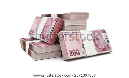 3d rendering of Stack of 200 Turkish Lira notes. bundles of 200 Turkey currency notes isolated on white background

