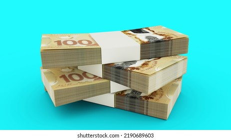 3d Rendering Of Stack Of Canadian Dollar Notes. Few Bundles Of Canadian Currency Isolated On White Background