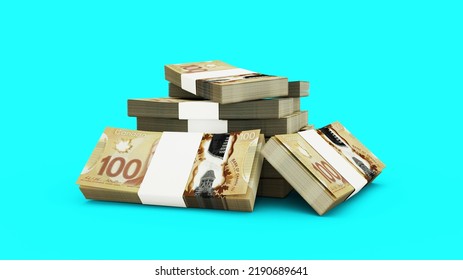 3d Rendering Of Stack Of Canadian Dollar Notes. Bundles Of Canadian Currency Notes Isolated On White Background