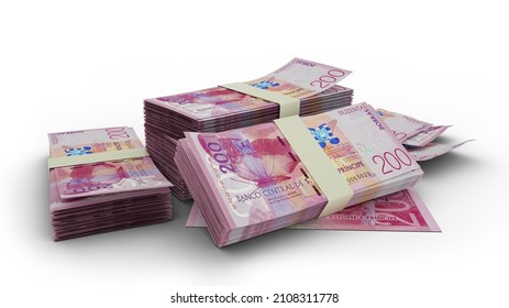 3D Rendering Of Stack Of São Tomé And Príncipe Dobra Notes Isolated On White Background. Sao Tome And Principe