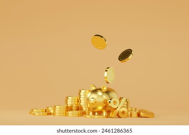3D rendering Stack of golden coins with piggy bank signifies financial abundance and successful investments.