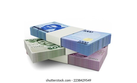 3d rendering of Stack of new 1000, 500 and 200 Nigeria Naira notes. Few bundles of naira currency isolated on white background