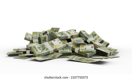 3D Rendering of Stack of Serbian dinar notes isolated on white background. Bundles of dinar notes