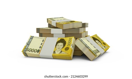 3d rendering of Stack of South Korean won notes. bundles of South Korean currency notes isolated on white background