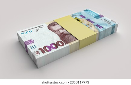 3d rendering Stack of ukrainian money hryvnia (grivna, hryvna) with 1000 banknotes. Finance concept. 
