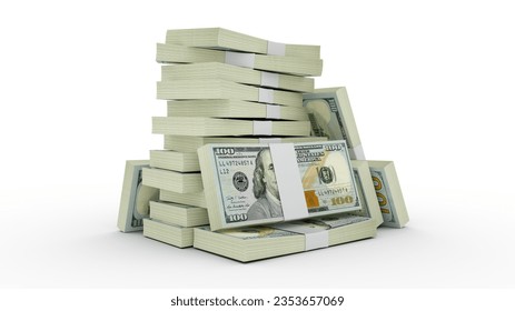 3d rendering of Stacks of 100 US dollar notes. bundles of United states currency notes isolated on white background
