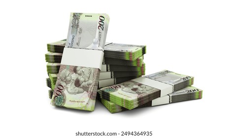 3d rendering of Stacks of 200 botswana pula notes. bundles of Ghanaian currency notes isolated on white background, currency of Ghana