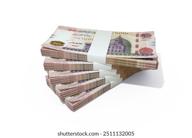 3d rendering of Stacks of 200 Egyptian pound notes. bundles of Egyptian currency notes isolated on white background
