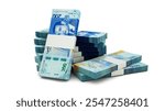 3d rendering of Stacks of 200 Morocco dirham notes. bundles of Moroccan currency notes isolated on white background, currency of morocco
