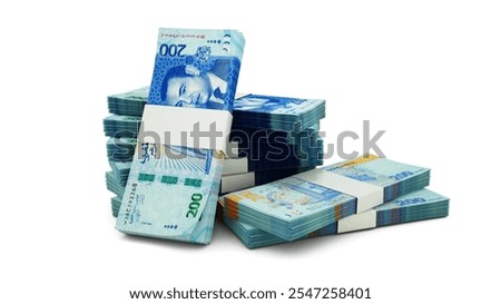 3d rendering of Stacks of 200 Morocco dirham notes. bundles of Moroccan currency notes isolated on white background, currency of morocco
