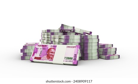 3D rendering of Stacks of 2000 Indian rupee notes isolated on white background