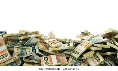 3D rendering of A lot of stacks of Jamaican dollar notes spread at the on bottom of screen. 3d rendering