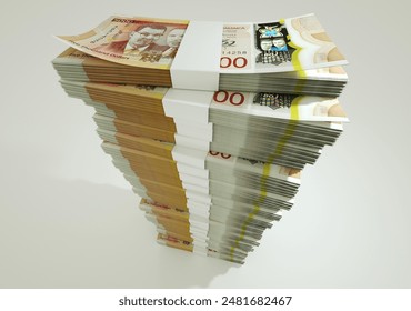 3D rendering of stacks of Jamaican dollar notes arranged in a long single column. 3d rendering of bundles of cash
