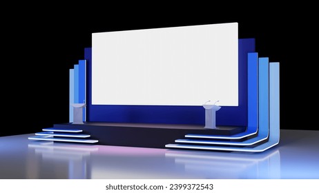3D rendering of stage and big blank screen backdrop with a color stairway and podiums for presentation and all events