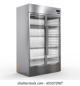 3d Rendering Stainless Steel Commercial Fridge With Transparent Glass Doors