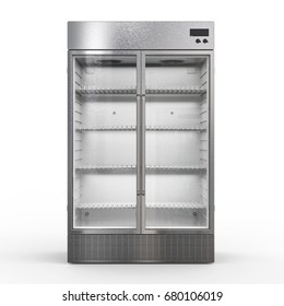 3d Rendering Stainless Steel Commercial Fridge With Transparent Glass Doors
