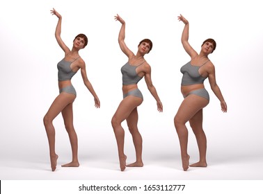3D Rendering : standing female body type illustration : ectomorph (skinny type), mesomorph (muscular type), endomorph(heavy weight type)