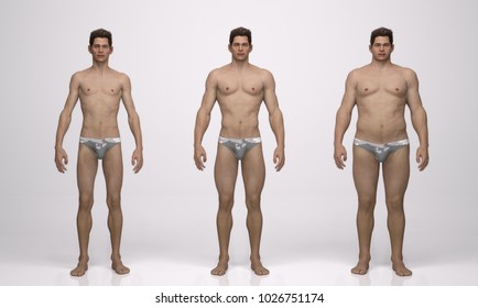 3D Rendering : standing male body type : ectomorph (skinny type), mesomorph (muscular type), endomorph(heavy weight type) ,Front view