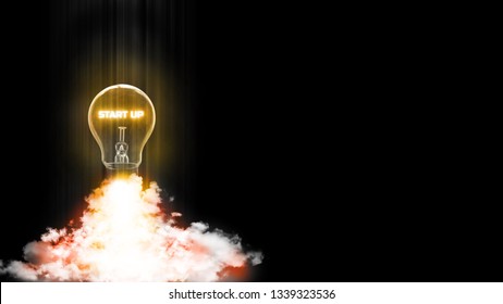 3D Rendering of start up light bulb lift off from ground like rocket. Concept of using good idea to create new business project and become success