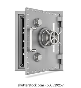 3d Rendering Of A Steel Safe Box With Open Door, Isolated On A White Background. Security Storage. Bulletproof And Fireproof. Keeping Money.