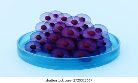 A 3d rendering of stem cell colony being cultivated within a petri dish, which is a fundamental tool in regenerative medicine and biotechnology.