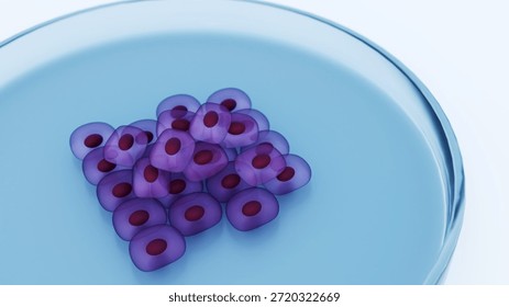 A 3d rendering of stem cell colony being cultivated within a petri dish, which is a fundamental tool in regenerative medicine and biotechnology.