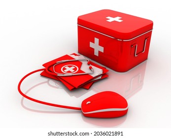 3d Rendering Stethoscope Connected Computer Mouse With First Aid Box
