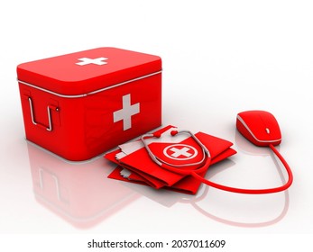 3d Rendering Stethoscope Connected Computer Mouse With First Aid Box