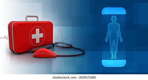 3d Rendering Stethoscope Connected Computer Mouse With First Aid Box And Syringe