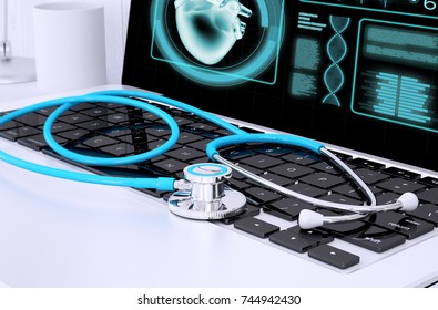 3d rendering of stethoscope on a laptop keyboard with screen showing health software