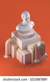 3d Rendering Of Still Life With Bust Statue, Bent Columns And Simple Cubic Form On Orange Background