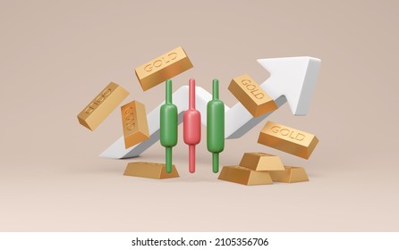 3D Rendering Stock Market Trading Graph With Gold Bars And Arrow Pointing Up On Background Concept Of Gold Price Financial Investment. 3D Render Illustration.