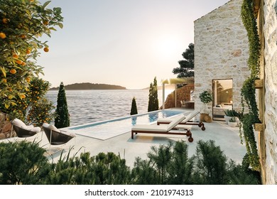 3d rendering of stone house standing on the rock above the sea with terrace and swimming pool during day