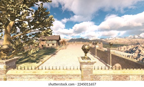 3D rendering of the stone house at the summit