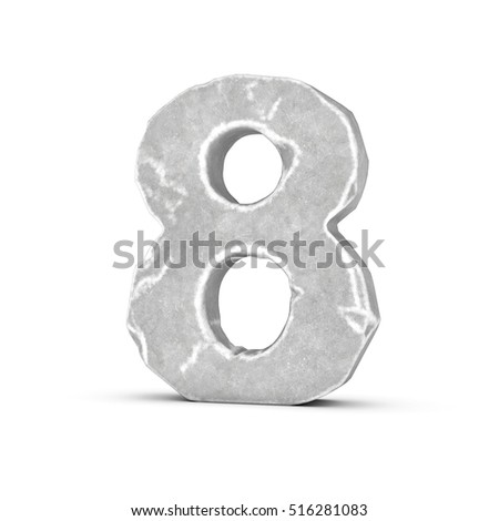 3D rendering of stone number 8 isolated on white background. Figures and symbols. Cracked surface. Textured materials. Rock alphabet.