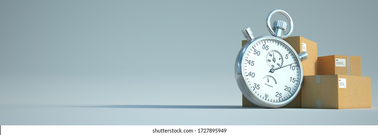 3D rendering of a stop watch with a pile of packages and a lot of copy space