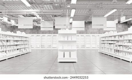 3D Rendering. Store interior supermarket with shelf shelves.