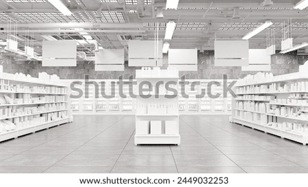 3D Rendering. Store interior supermarket with shelf shelves.