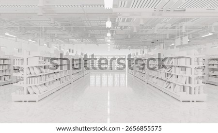 3D Rendering. Store interior supermarket with shelf shelves.