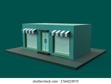 3d Rendering Of Store Or Shop On Blue Background. 3d Minimal Concept For Market, Cafe Or Advertising Business 