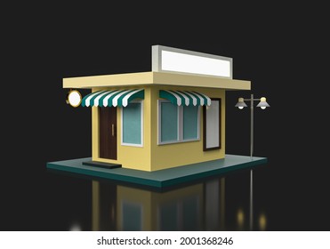 3d Rendering Of Store Or Shop On Dark Background. 3d Minimal Concept For Market, Cafe Or Advertising Business