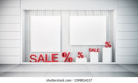 3D Rendering of Storefront or Shop for window shopping with Sale Offers and Copy Space to Save money in Mall or as Blank Template for product advertising with mockup