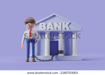 3d rendering. Stressed and sad cartoon character businessman chained to the bank on purple background. Concept of debts, burden and financial risk, illustration