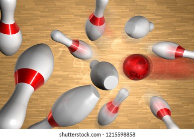 3D rendering of a strike on a bowling game