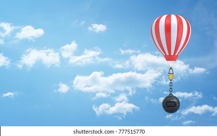 3d rendering of a striped hot air balloon flies in the sky weighted down by a wrecking ball with a word Debt written on it. Weight of credit. Financial burden. Travelling expenses.