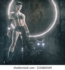 3D Rendering Of A Strong Female Cyborg With Her Own Robot Cat And Soft Focus Neon Background 