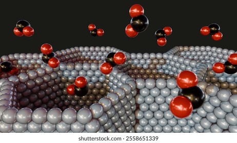 A 3d rendering of structure metal-organic framework of Mg-MOF-74 with CO2 molecules and a cylindrical pore structure that allows for strong binding and large uptake of CO2