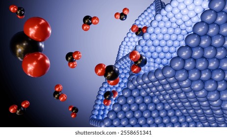 A 3d rendering of structure metal-organic framework of Mg-MOF-74 with CO2 molecules and a cylindrical pore structure that allows for strong binding and large uptake of CO2
