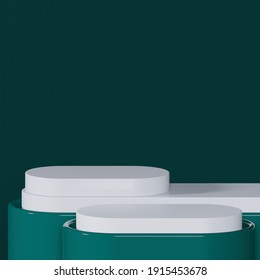 3d rendering studio with geometric shapes, podium on the floor. Platforms for product presentation, mock up background. Abstract composition in minimal design.