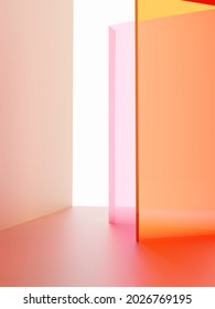 3D Rendering Studio Shot Vibrant Or Neon Pink And Orange Transparent Acrylic Board Overlapping Background For Fashion, Cosmetics And Trendy Products.	
